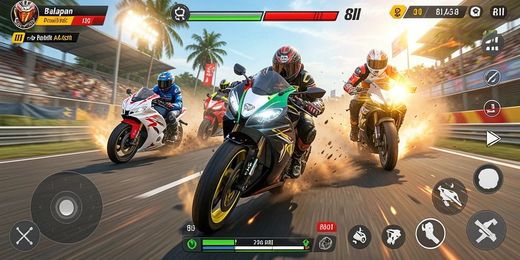 Tampilan gameplay 8II yang mendebarkan di lintasan balap motor.