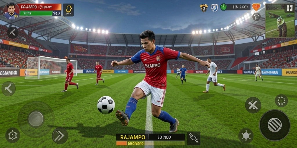 Tampilan gameplay RAJAMPO dengan aksi sepak bola yang menegangkan.
