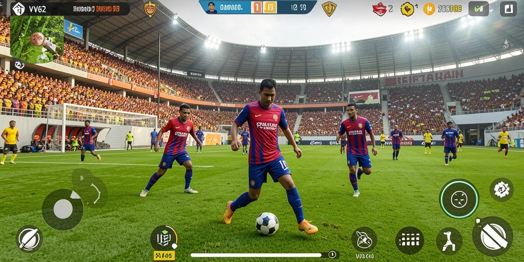 Tangkapan layar utama menunjukkan momen seru dalam pertandingan sepak bola.